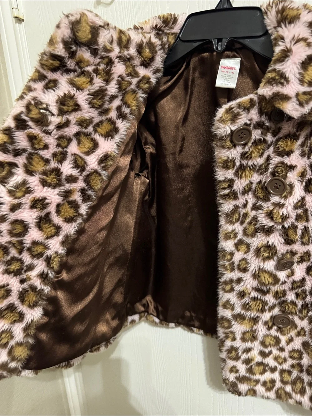 Gymboree Faux Fur Leopard Button Winter Coat Girls XS 3 4 Warm Animal Print